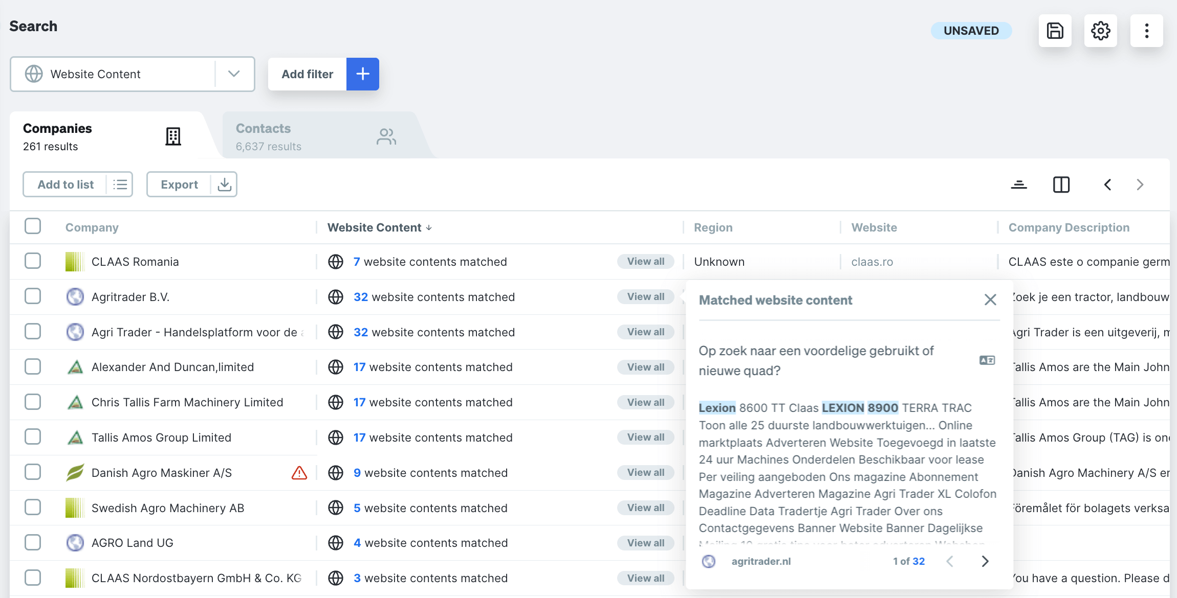 Website Content filter results in Dealfront Target