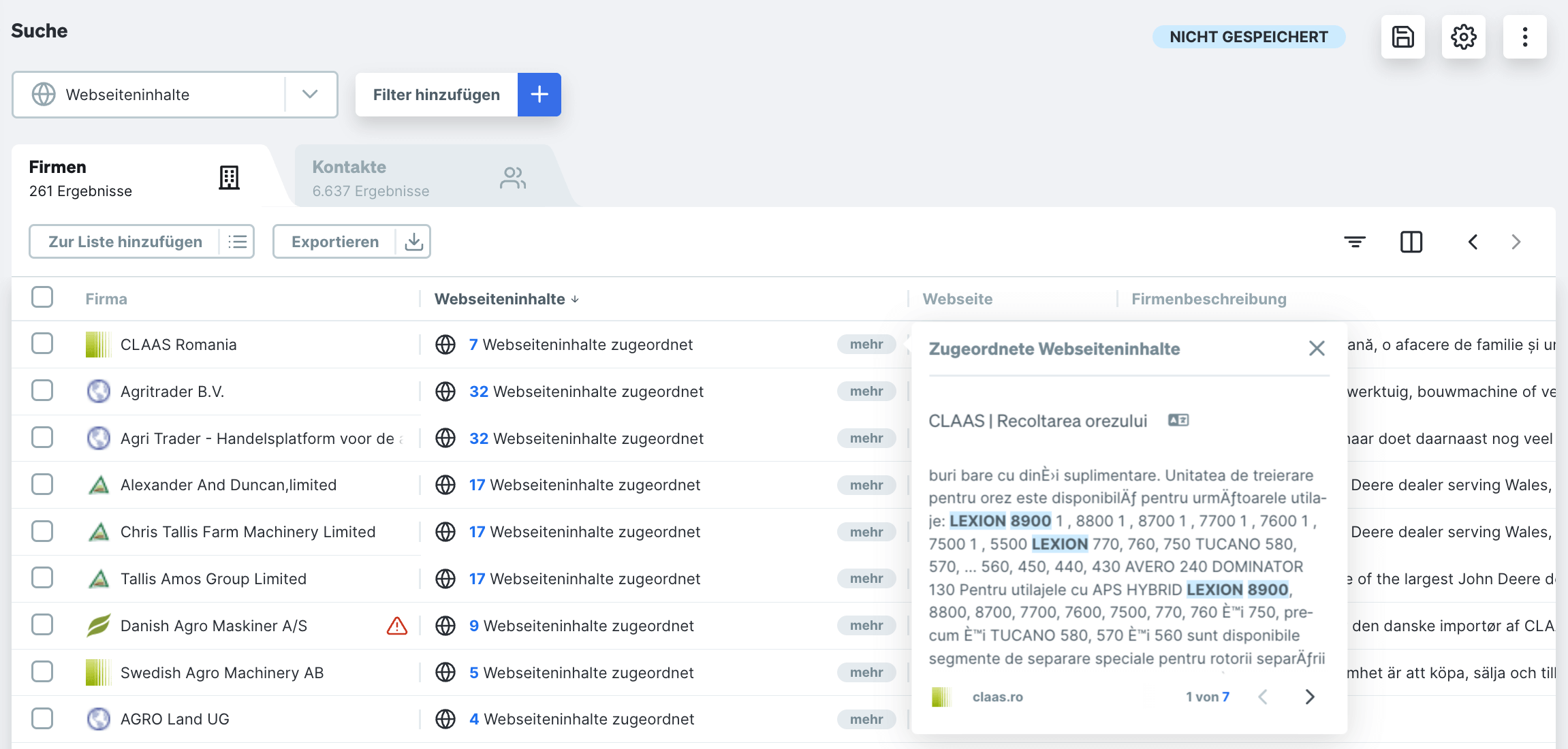 Target Tabellenansicht von Suchergebnissen aus Webseiteninhalten
