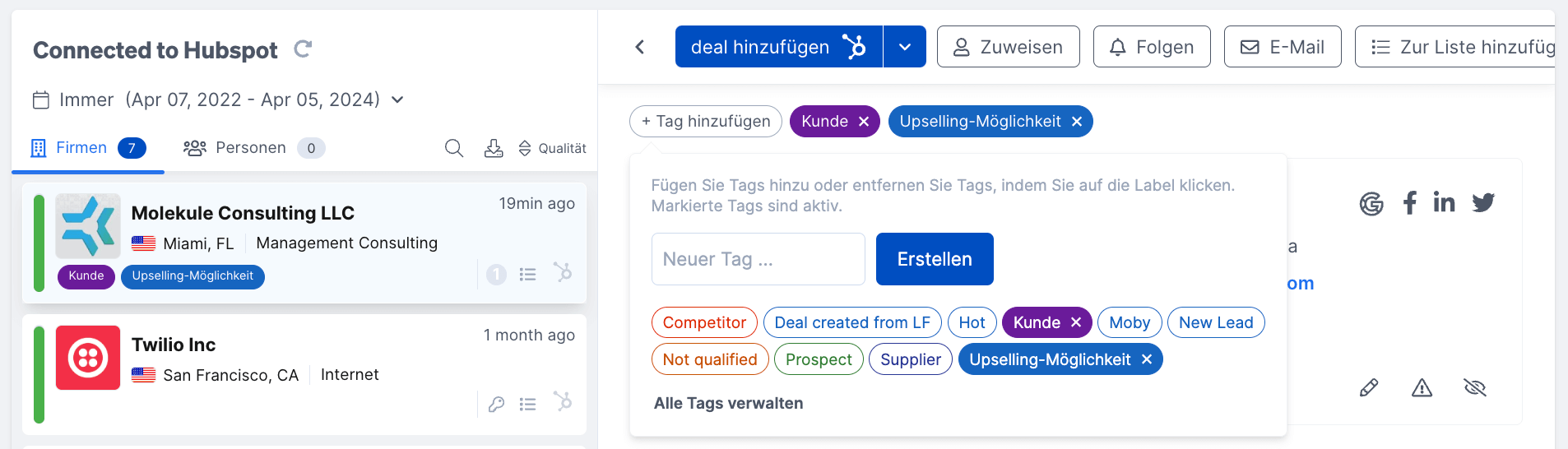 Kunden und Upsell Tags in Leadfeeder