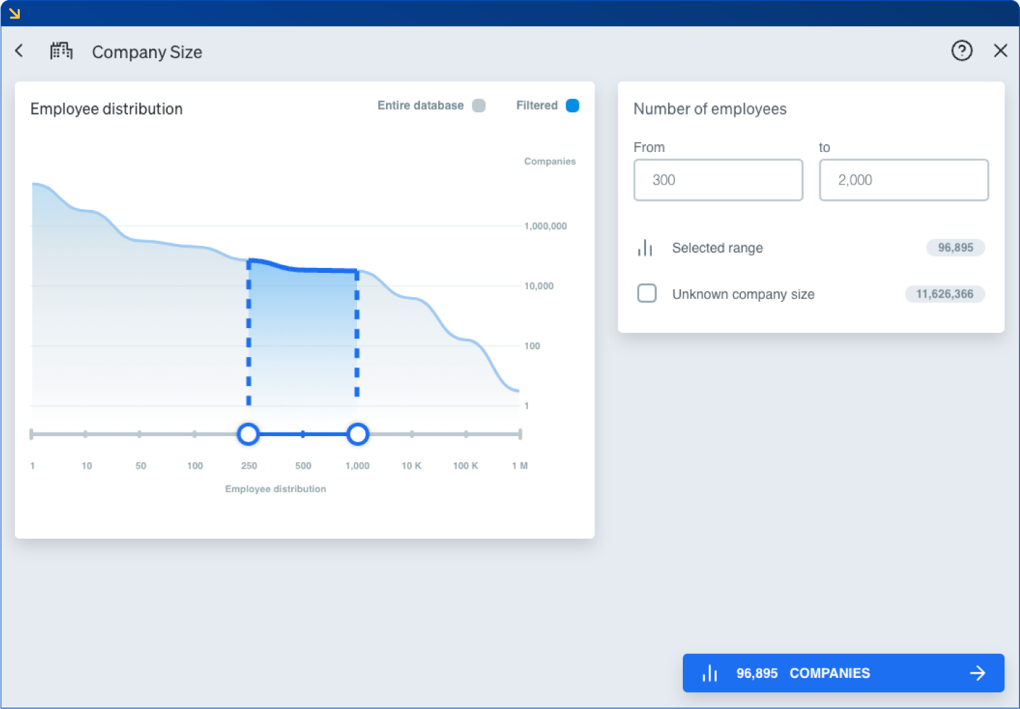 Company size filter options in Dealfront Target