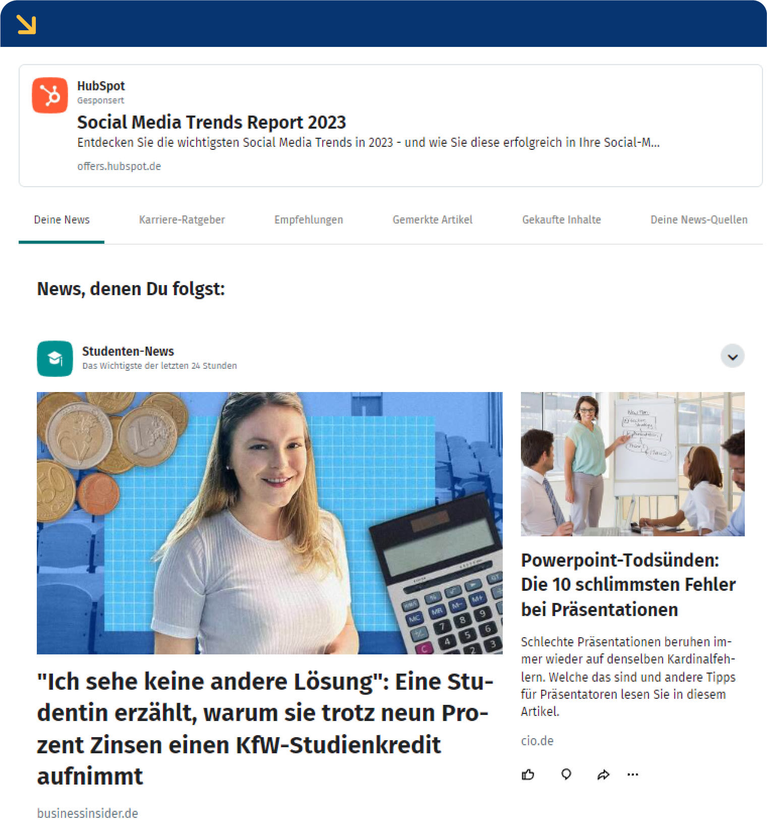 Beispielseite mit Inhalten aus dem Newsbereich bei Xing