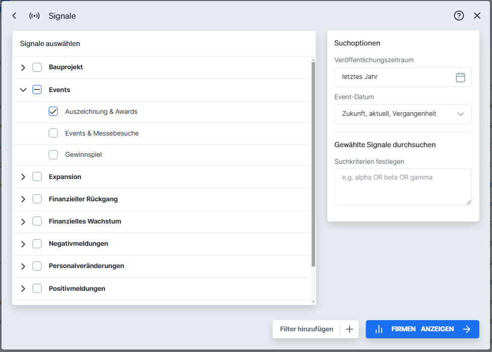 Trigger Event Suche nach Firmen, die Award gewonnen haben