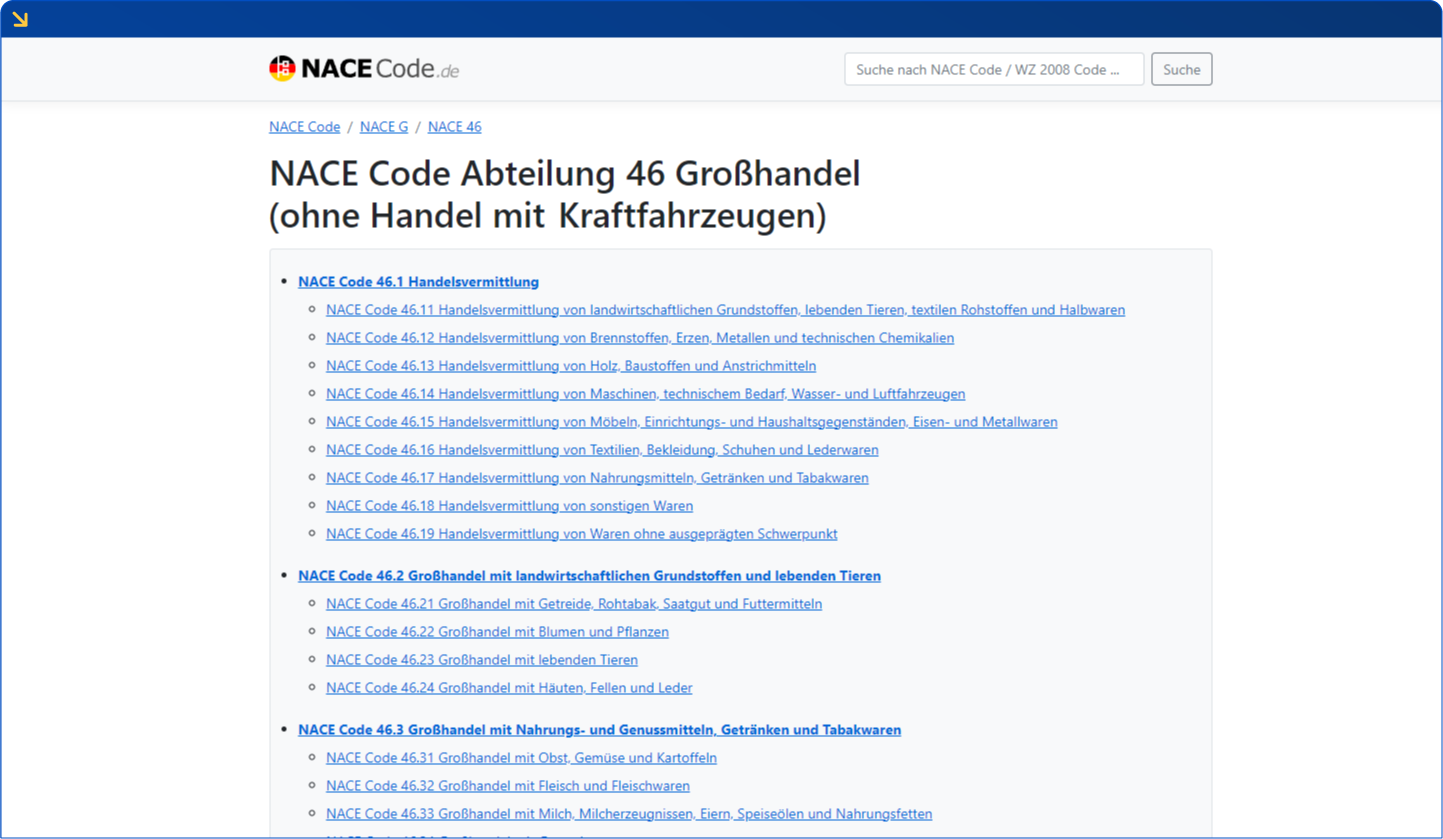 Beispiel für eine NACE-Code-Zuteilung