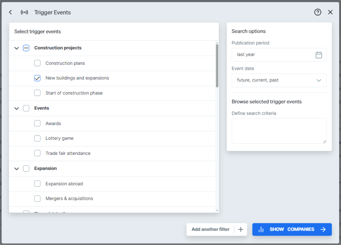 How to filter companies with construction projects in Target