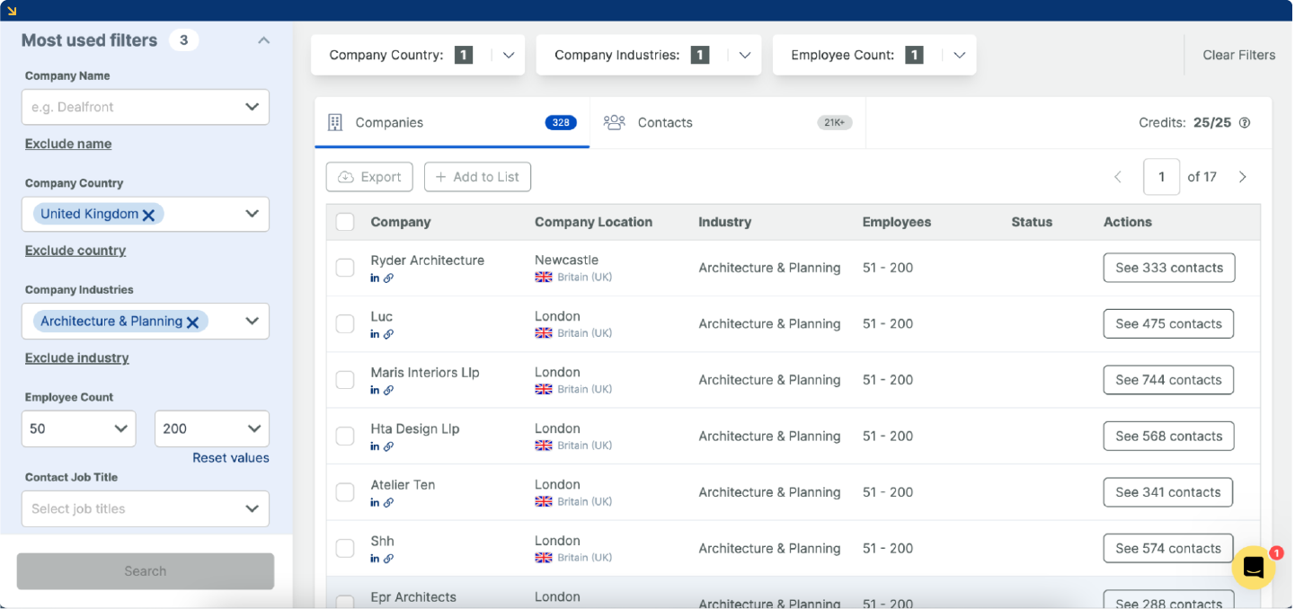 Filter options in Dealfront Target