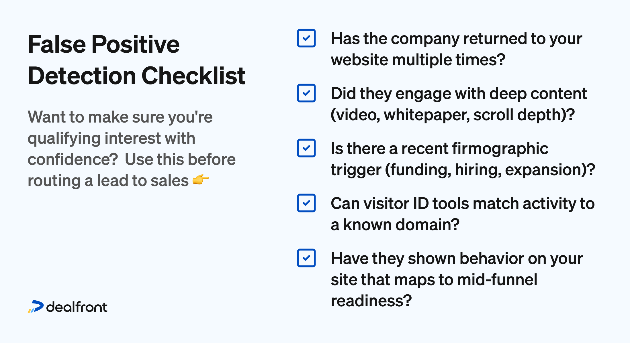 False Positive Detection Checklist
Want to make sure you're qualifying interest with confidence? Use this before routing a lead to sales:
Has the company returned to your website multiple times?
Did they engage with deep content (video, whitepaper, scroll depth)?
Is there a recent firmographic trigger (funding, hiring, expansion)?
Can visitor ID tools match activity to a known domain?
Have they shown behavior on your site that maps to mid-funnel readiness?