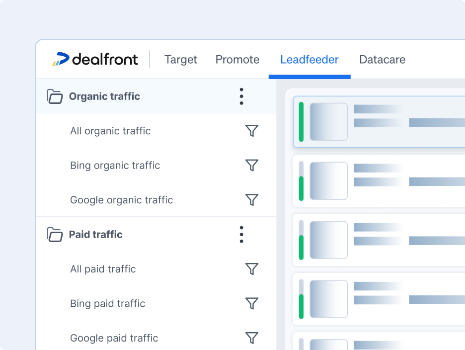 Once the content feeds were in place, BOFU.ai added another layer of insight: traffic source segmentation.
Using Dealfront’s filtering options, they created separate views for key traffic types, such as:
Organic traffic (Google vs. Bing)
Paid campaign traffic (from Google Ads, Bing Ads, Facebook)
Form submission traffic (if tracked)
This allowed them to answer questions like:
Are paid ads driving BoFu traffic?
Are organic search terms bringing in high-fit companies?
Which channels lead to form fills vs. anonymous engagement?
This segmentation helped tie BoFu content not just to traffic, but to channel-specific performance.
