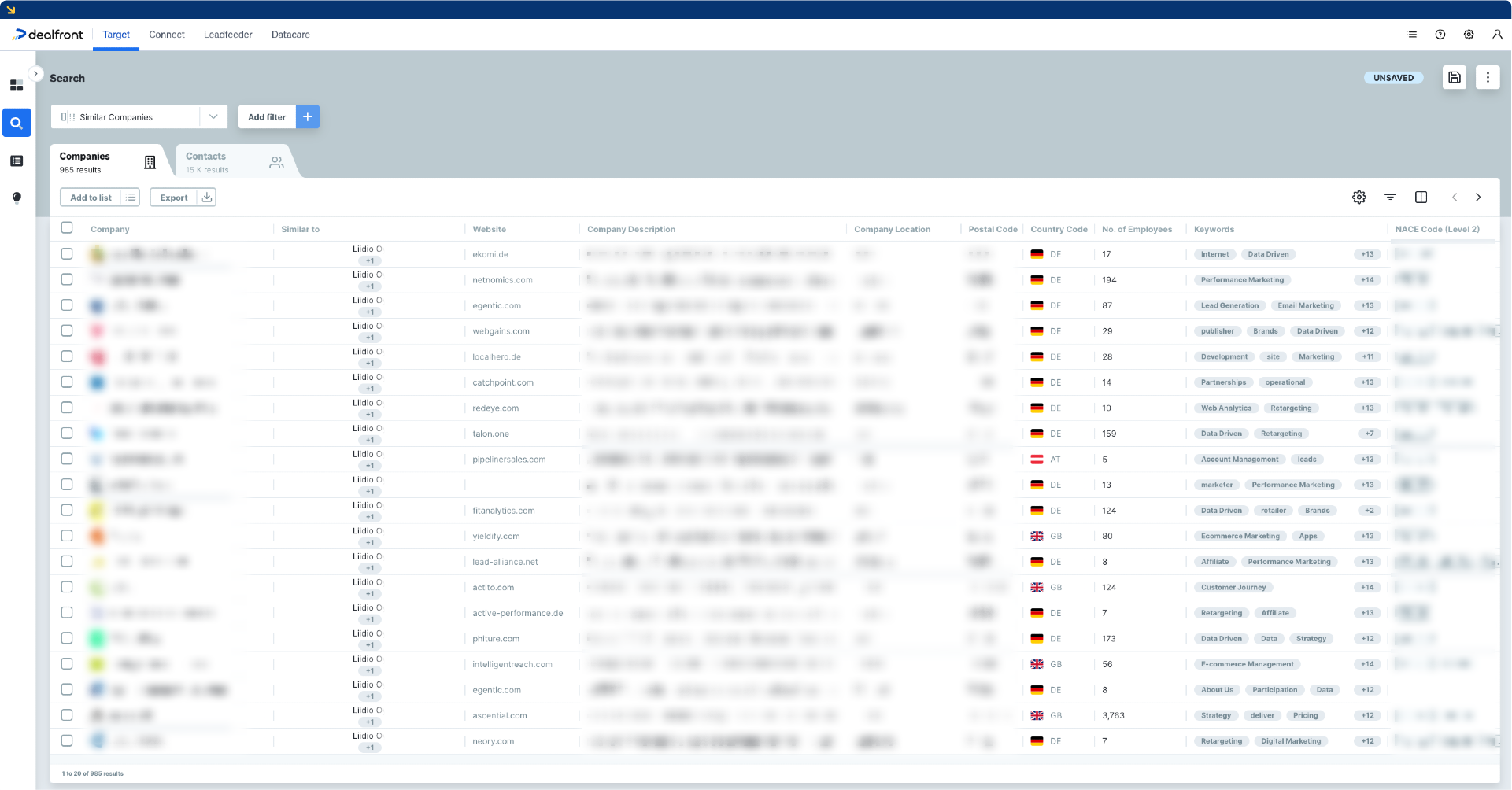 Similar companies search results in Dealfront Target