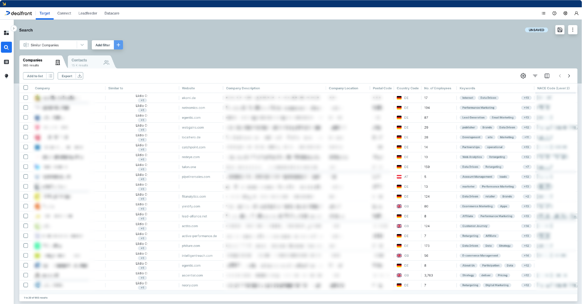 Similar companies search results in Dealfront Target