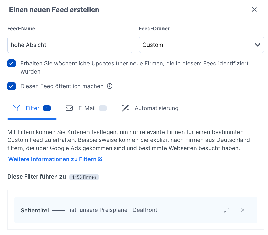 Ein benutzerdefinierter Leadfeeder-Feed für eine Seite mit hoher Absicht, plus E-Mail-Benachrichtigung