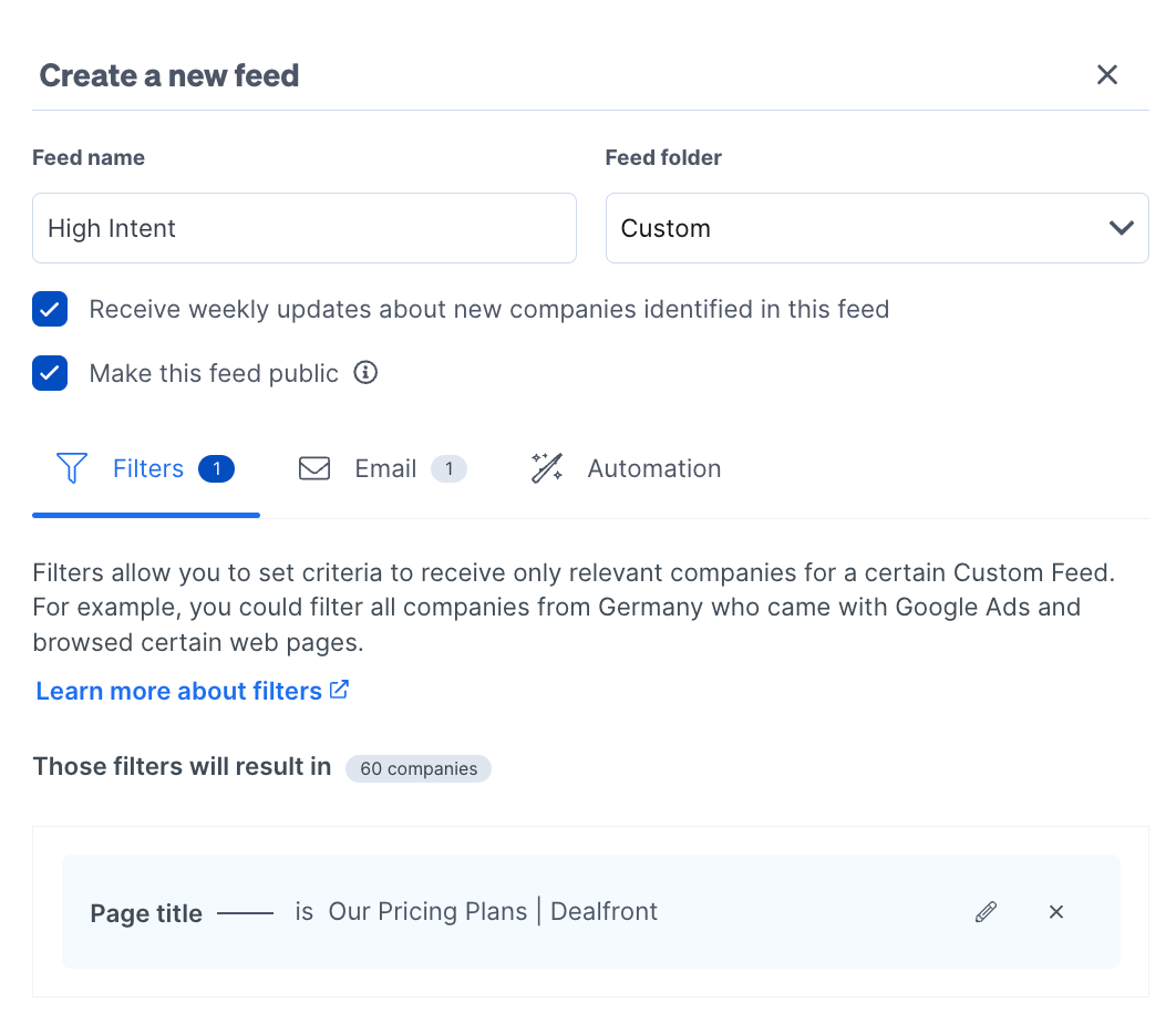 A Leadfeeder custom feed for a high intent page, plus with email notification