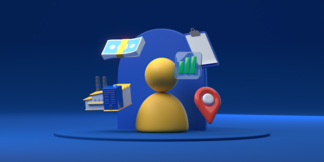 The illustration symbolizes an ICP (Ideal Customer Profile) with the associated characteristics such as turnover and company size