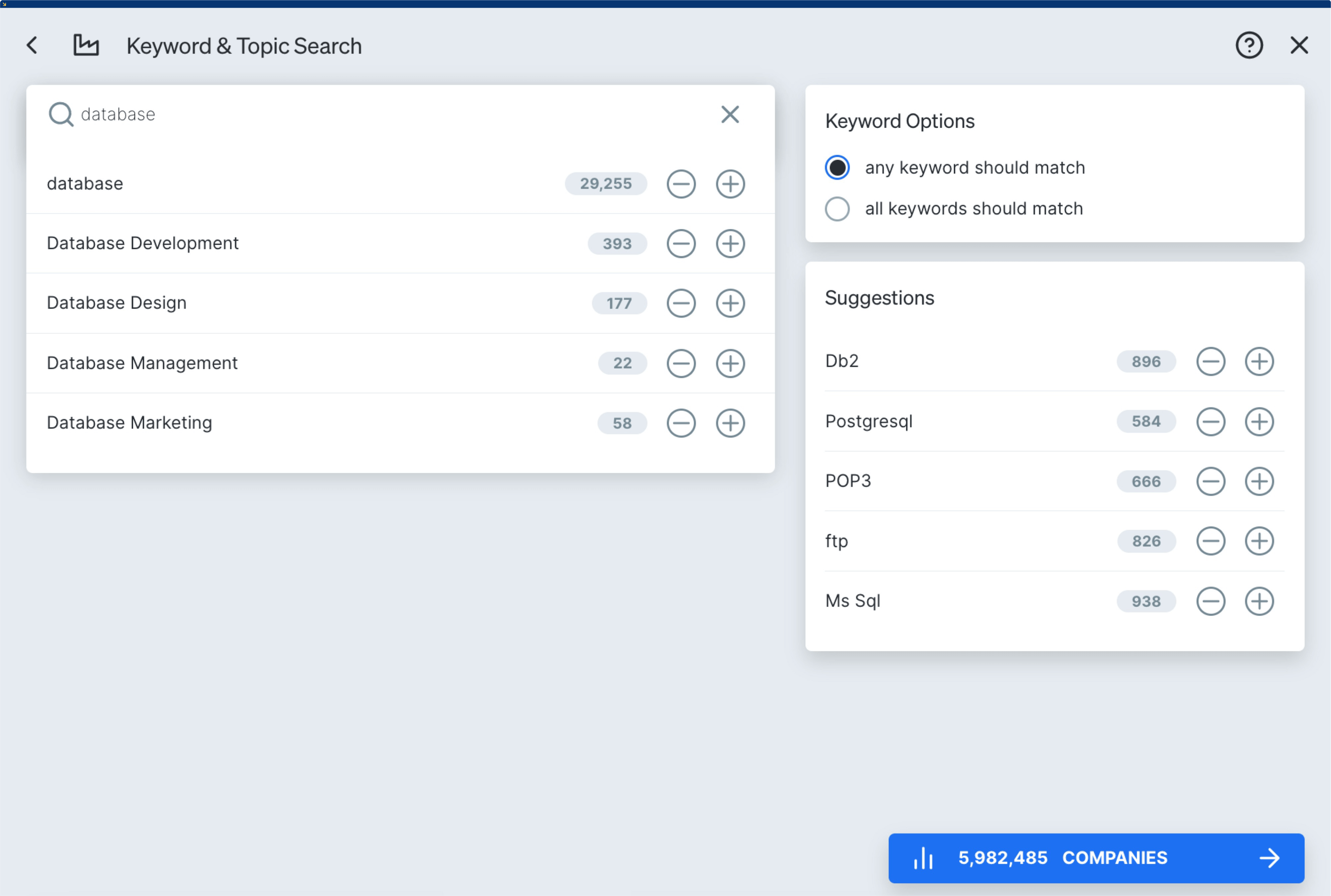 Keyword and topic search in Dealfront Target