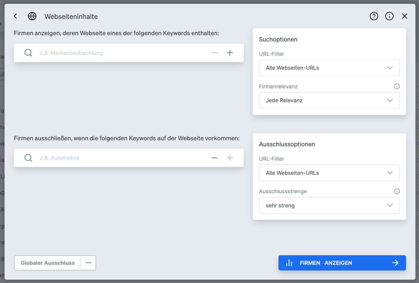 Filter Webseiteninhalte in Dealfront Target