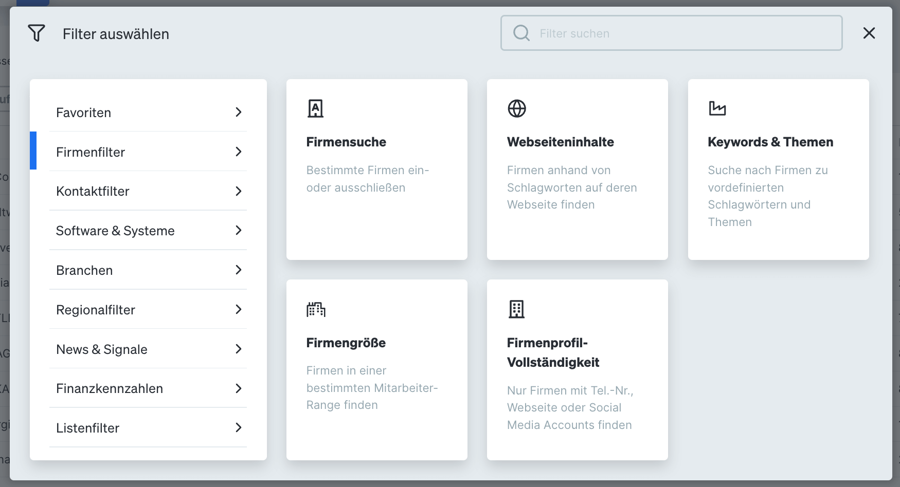 Webseiteninhalte Filter in Dealfront Target