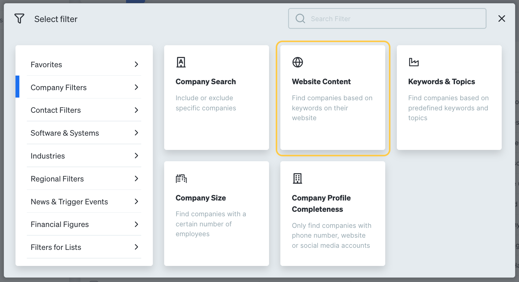 Website content filter in Dealfront Target