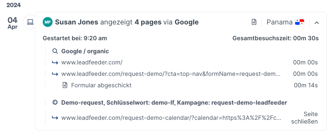 Aktivitaet in Leadfeeder: Formular ausgefuellt