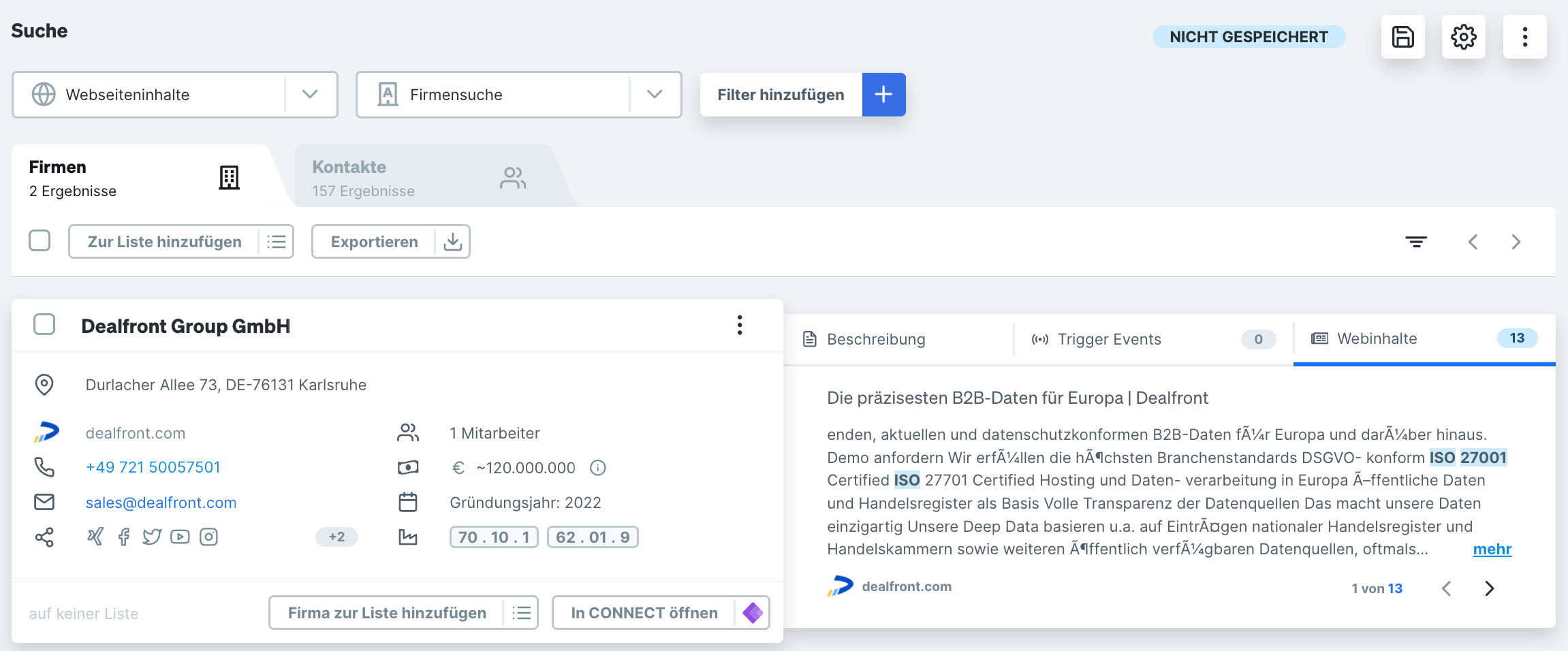 Die Target Card Ansicht mit einer Suche nach der ISO 27001-Zertifizierung