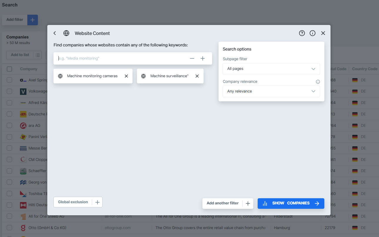 Website content search in Dealfront Target