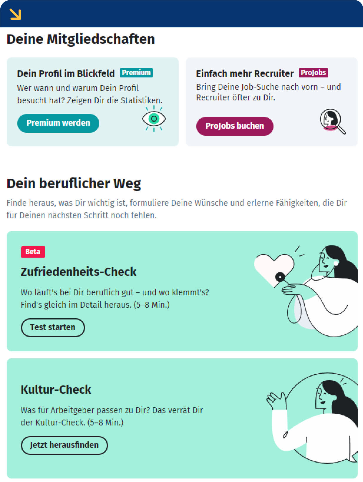Angebote und Inhalte bei Xing in der persönlichen Sektion “Deins”