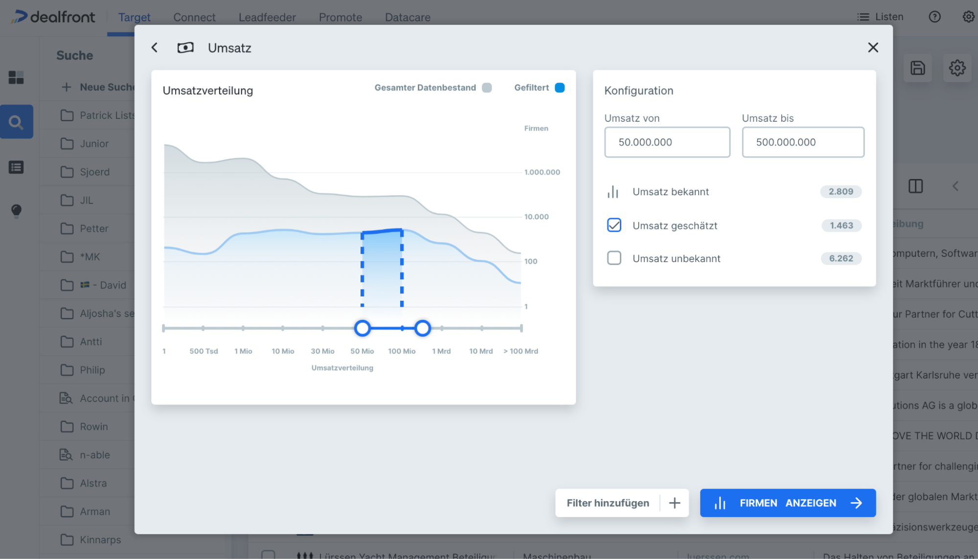 Wie man nach Firmenumsätzen in Dealfront Target filtert