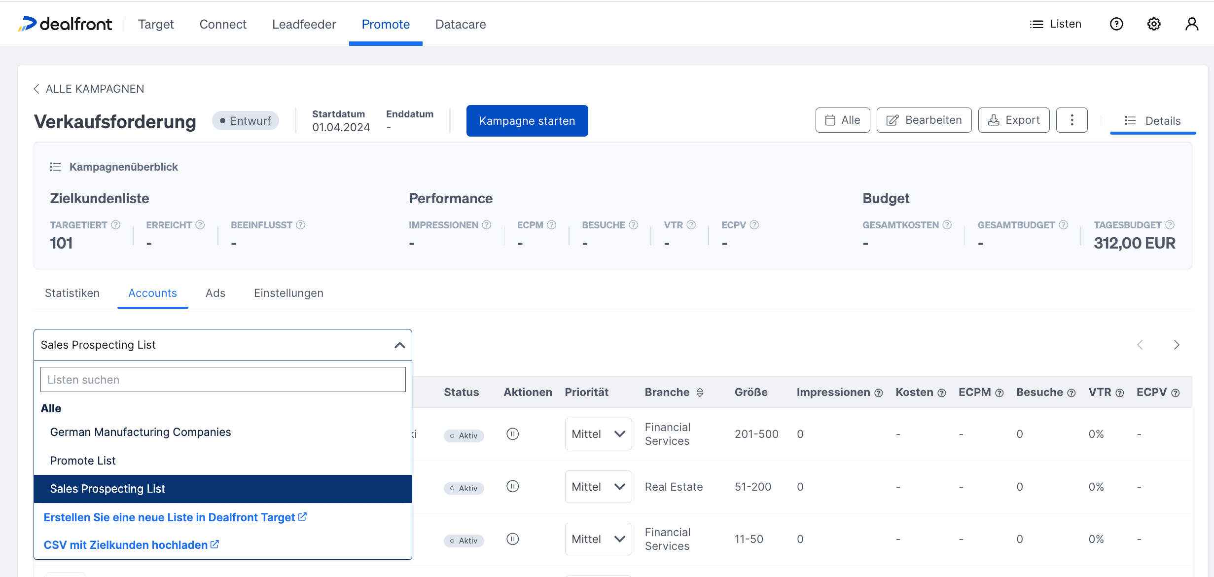 Eine Liste in Dealfront Promote auswählen