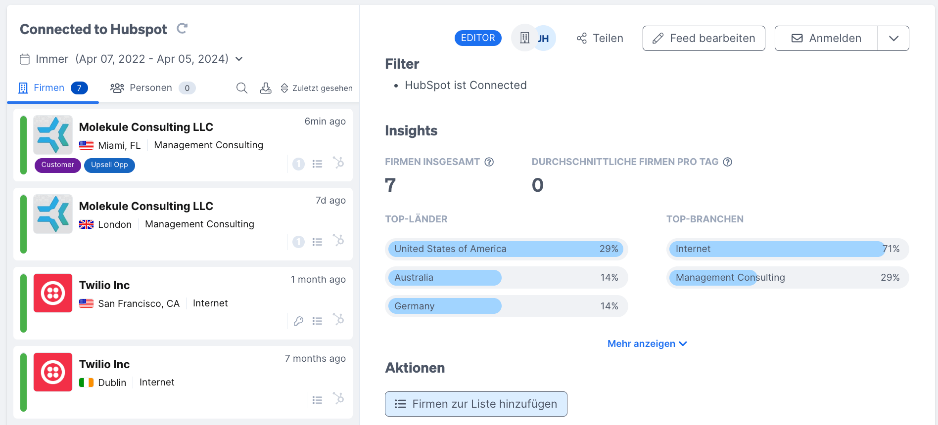 Firmen einer Liste in Dealfront hinzufuegen