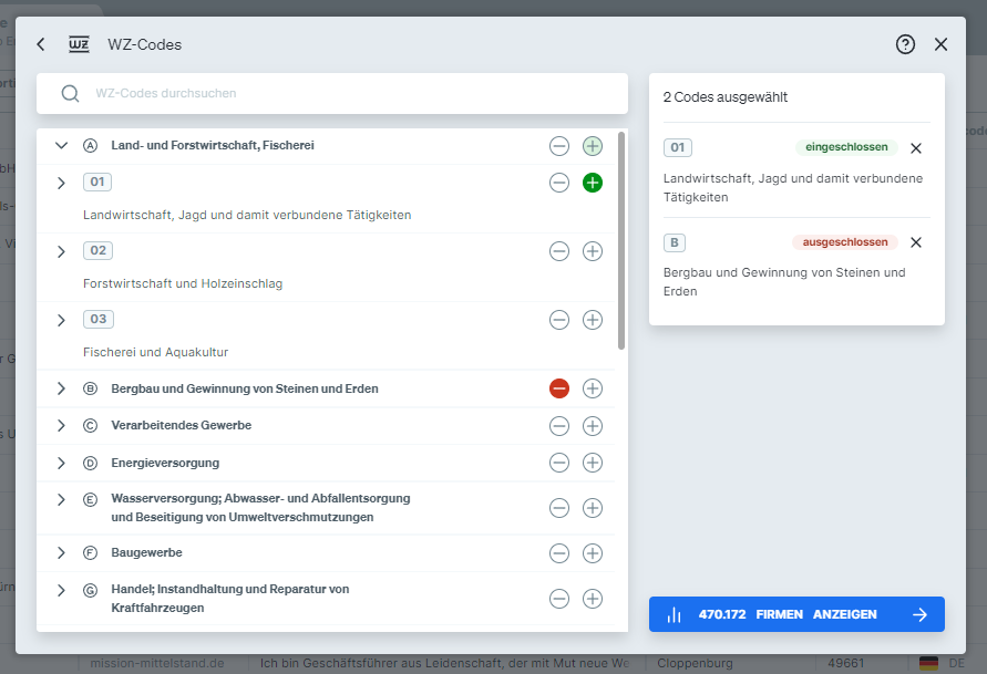 Filterfunktion nach WZ-Codes bei Dealfront