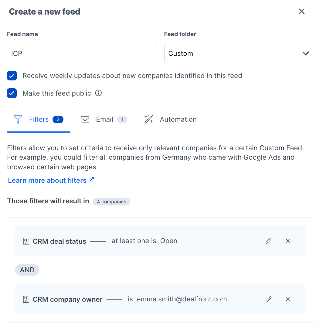 A custom feed with CRM filter options