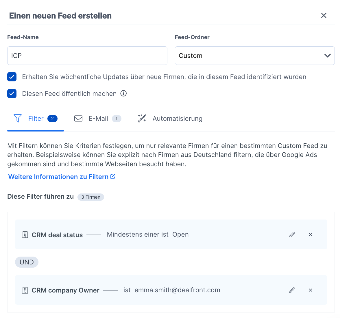 Ein benutzerdefinierter Feed mit CRM-Filter-Optionen