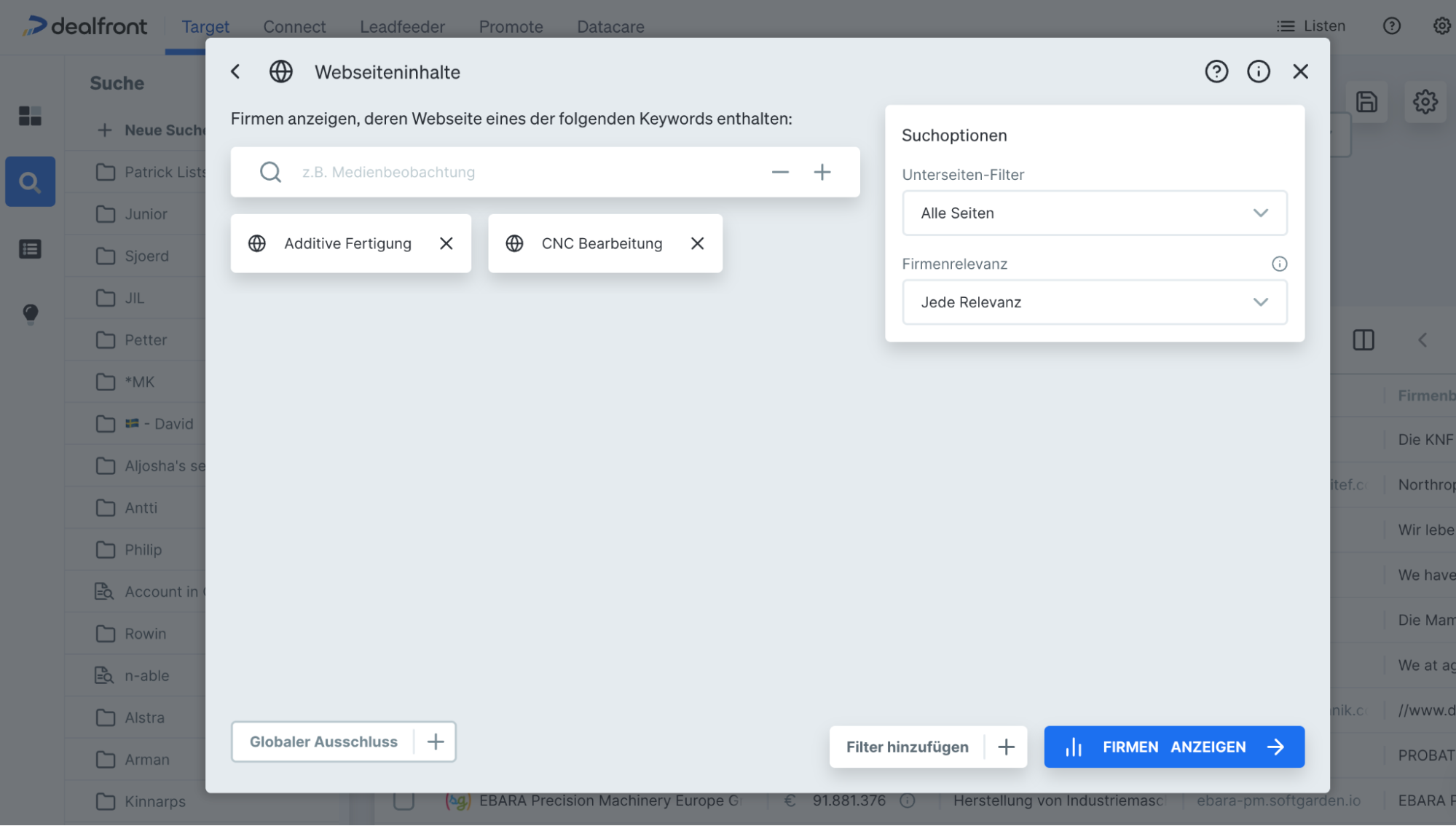 Wie man nach Webseiteninhalten in Dealfront Target filtern kann