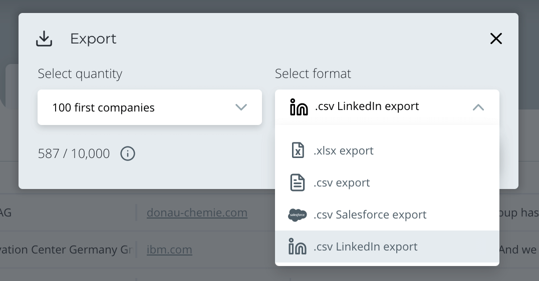Export function in Dealfront