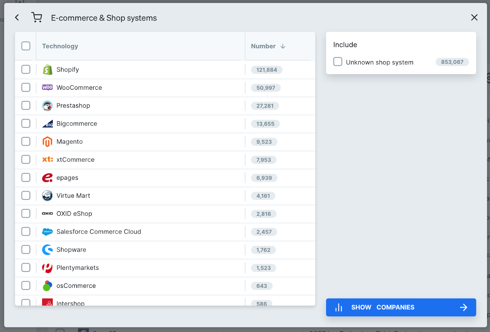 E-commerce and shop systems filter in Dealfront Target