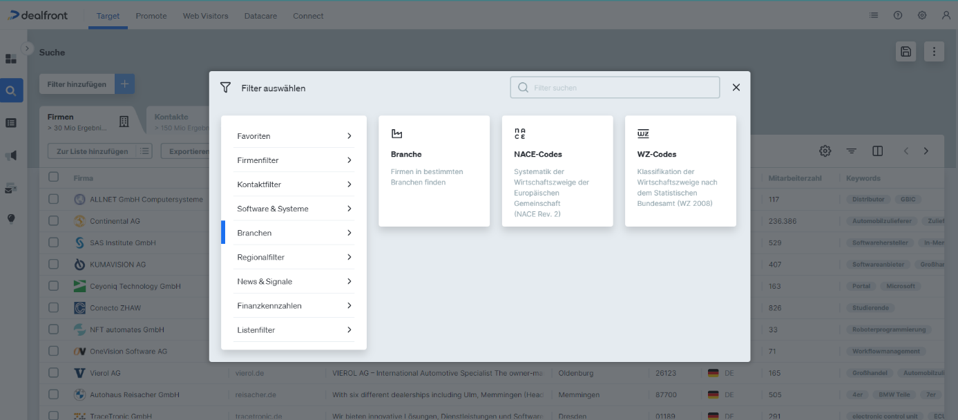 Filter functions in Dealfront Target