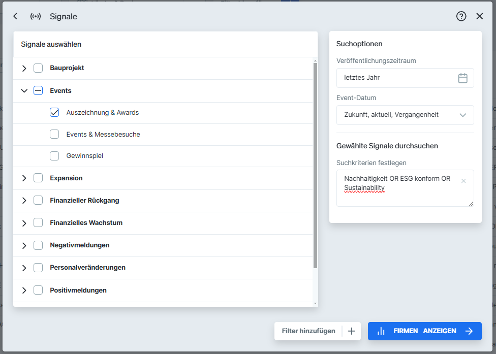 Beispiel wie eine Firmensuche aussieht, wenn Firma Nachhaltigkeits-Award gewinnt