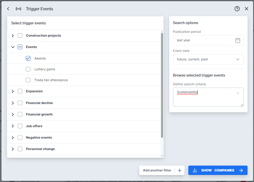 Example of how to search for companies who have won a sustainability award within a specific industry