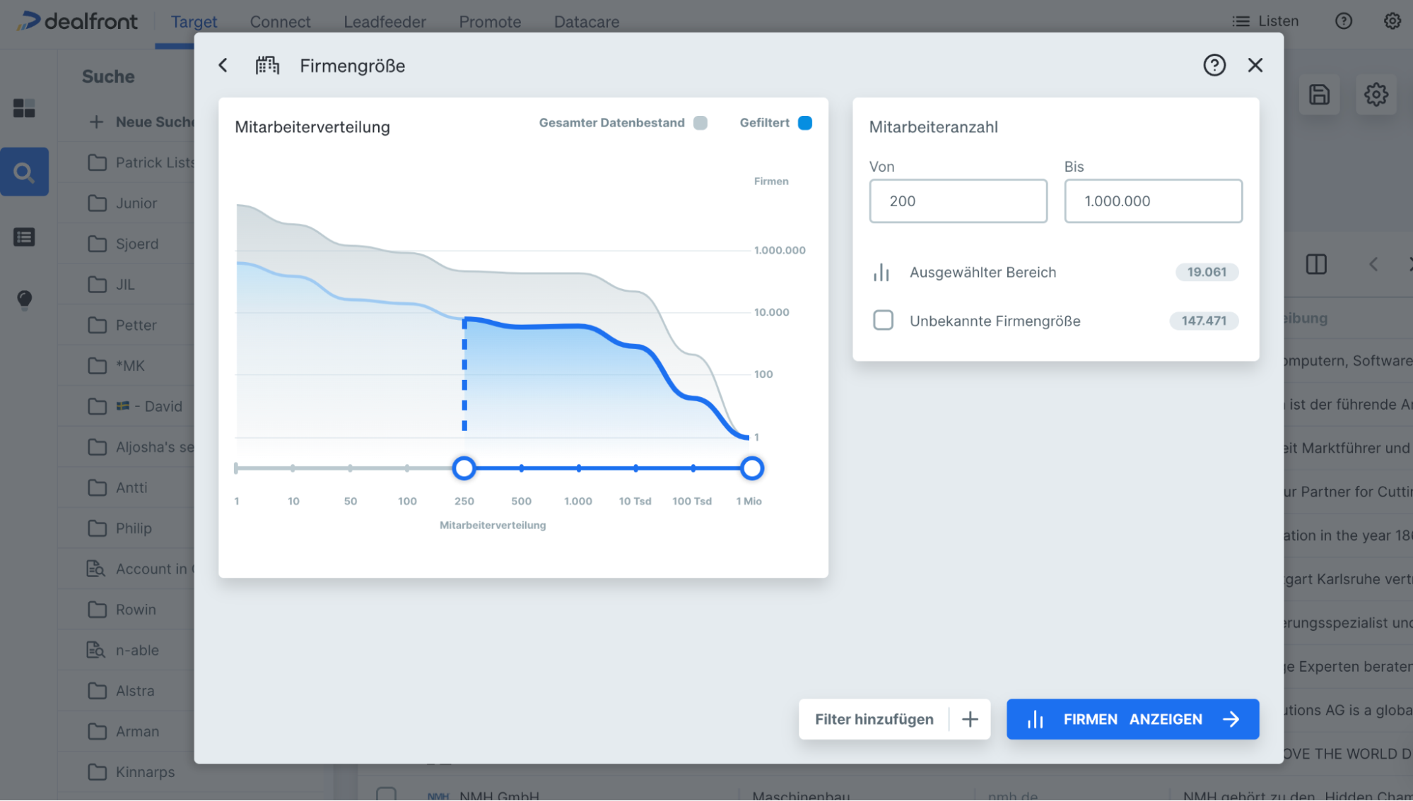 Nach Firmengröße in Dealfront Target suchen