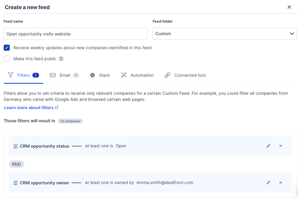 How to create feed in Leadfeeder to track open opportunities visiting your website