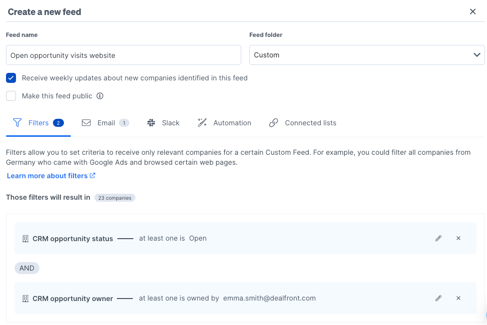 How to create feed in Leadfeeder to track open opportunities visiting your website