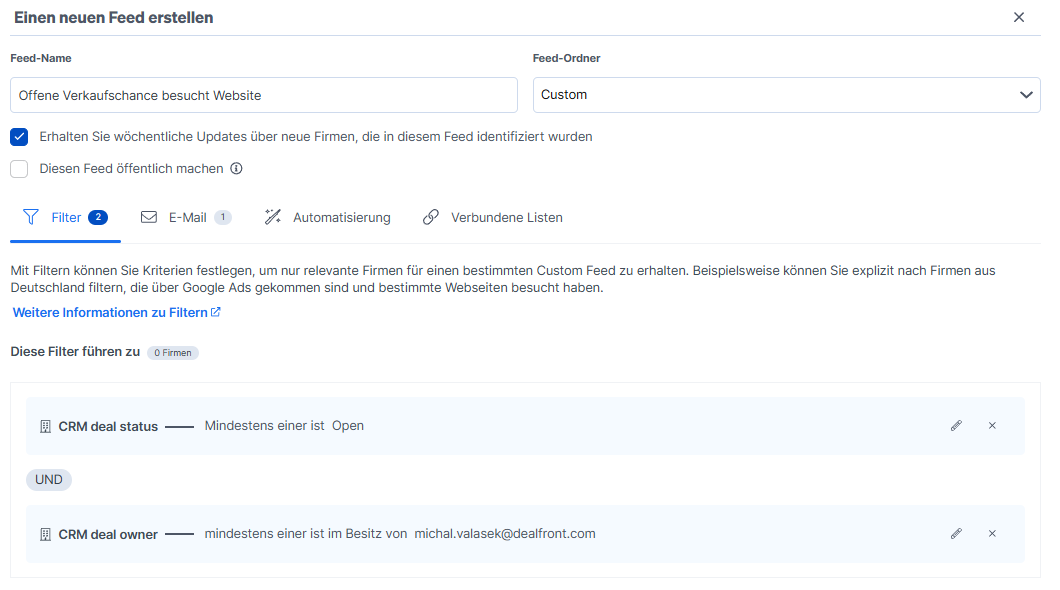 Wie man Feed erstellt um offene Verkaufschancen auf Website zu tracken