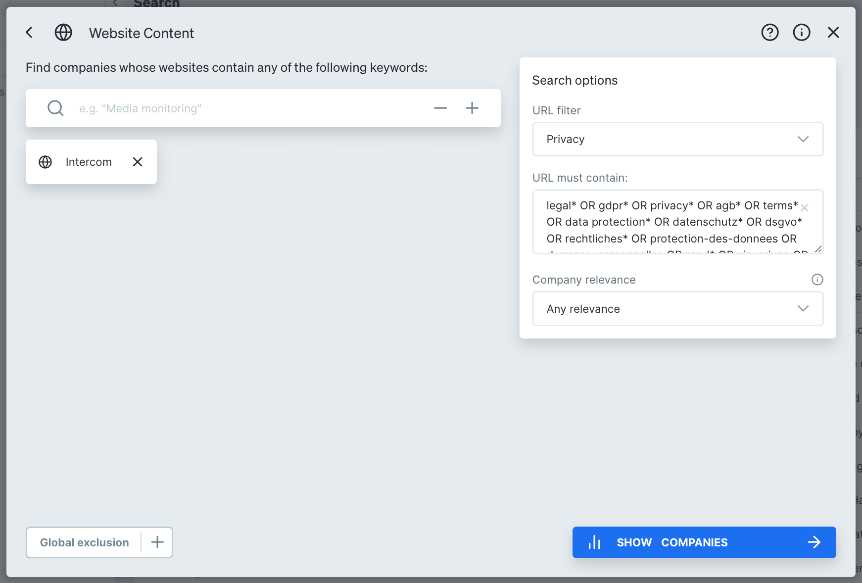 Narrowing down the URL search range to only Privacy pages in Dealfront Target