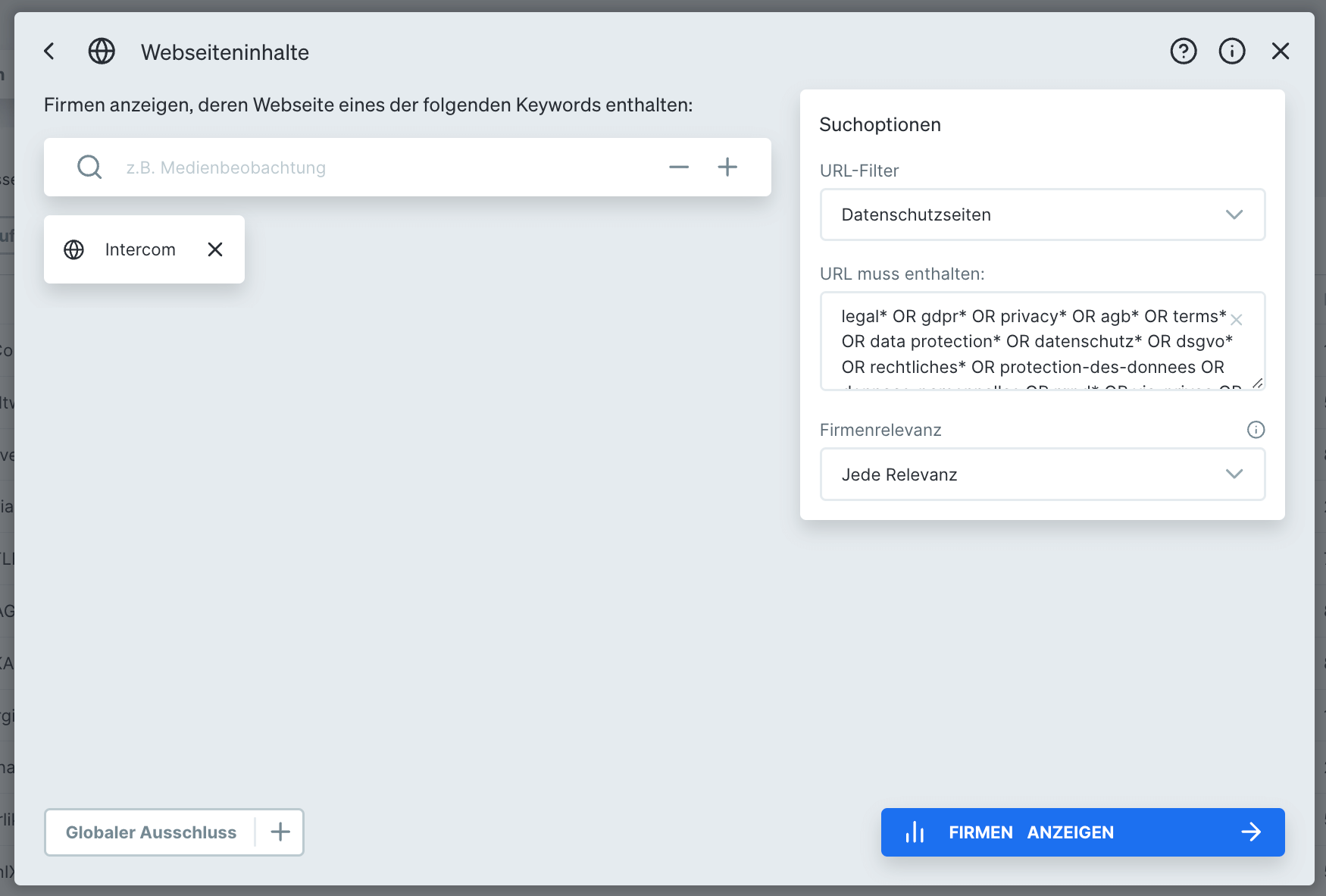 So grenzt Du den URL-Suchbereich ausschließlich auf Datenschutzseiten in Dealfront Target ein