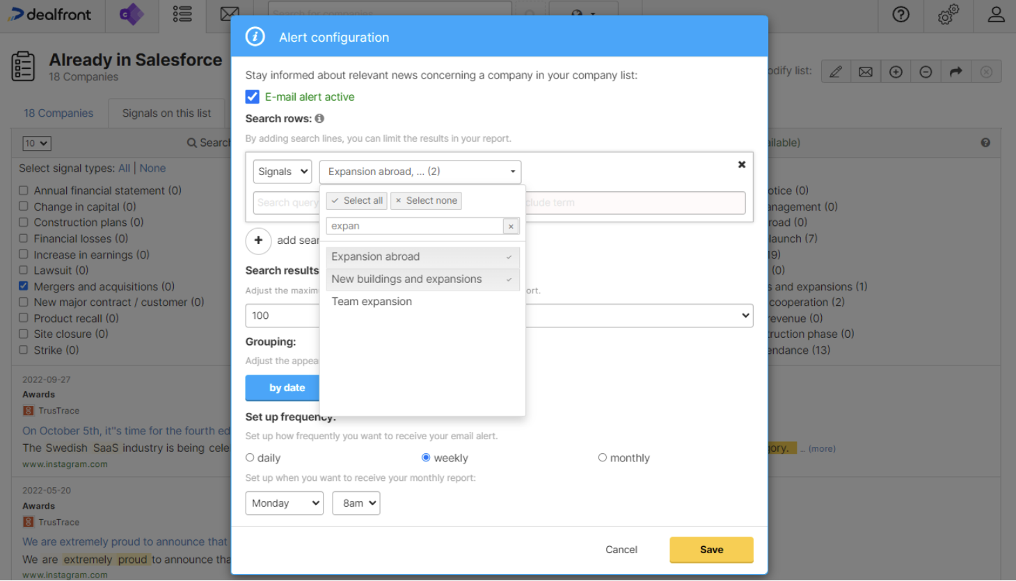 How to set up alert in Dealfront Connect for companies with expansion plans