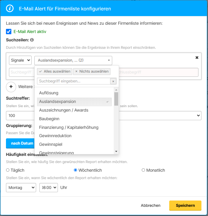 Wie Du einen Alert in Connect fuer Firmen mit Expansionsplaenen setzt