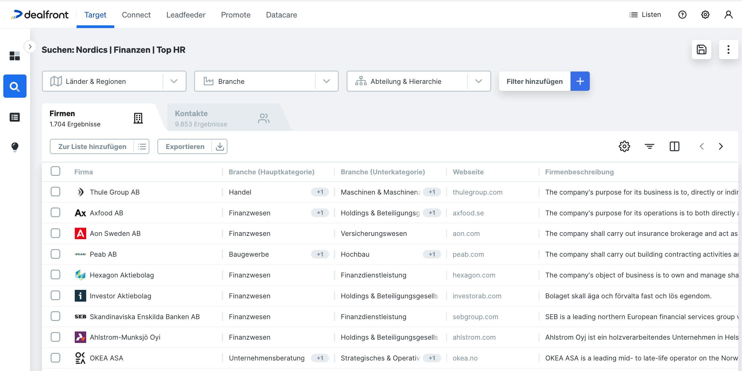 Beispiel Suchabfrage in Dealfront Target
