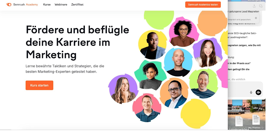 Werbebanner von Semrush mit Download-Option für eine kostenlose Testversion und Button zur Kursanmeldung
