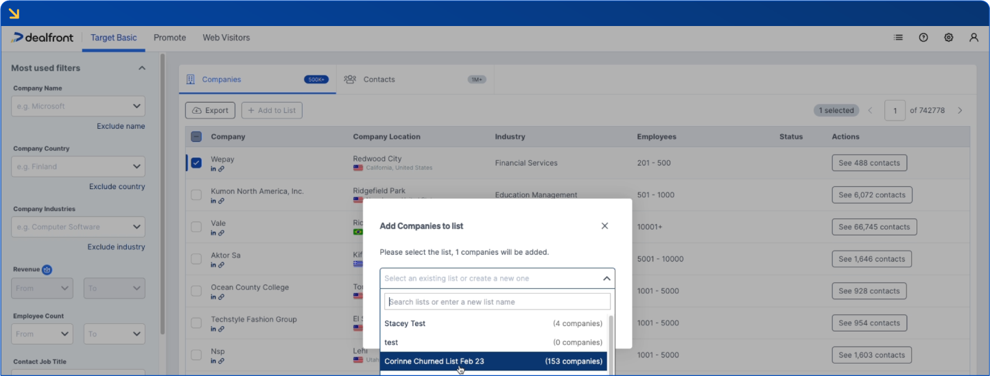 Company search in Dealfront Target