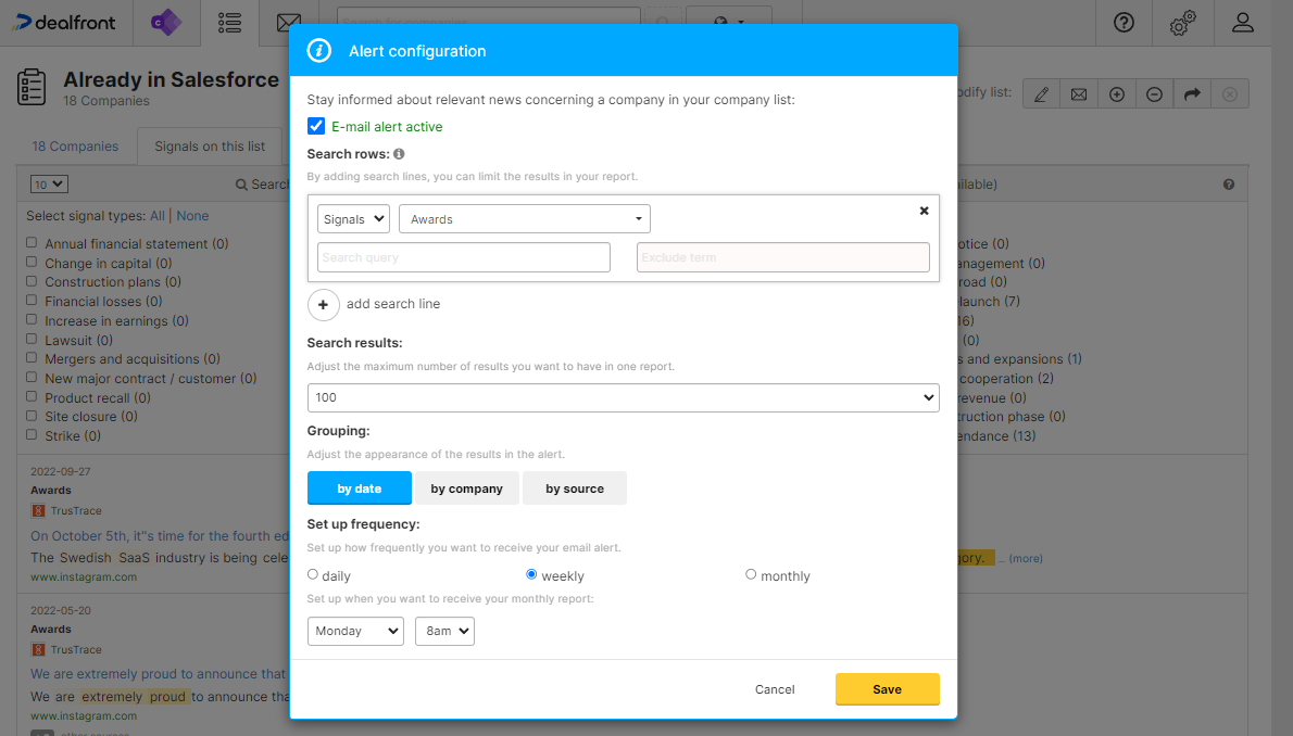 Set alerts in Dealfront Connect to get notified when a company wins an award