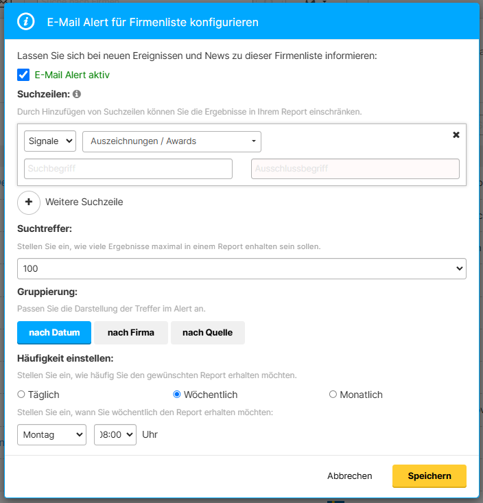 Alert konfigurieren in Dealfront Connect für Firmen, die Award gewinnen