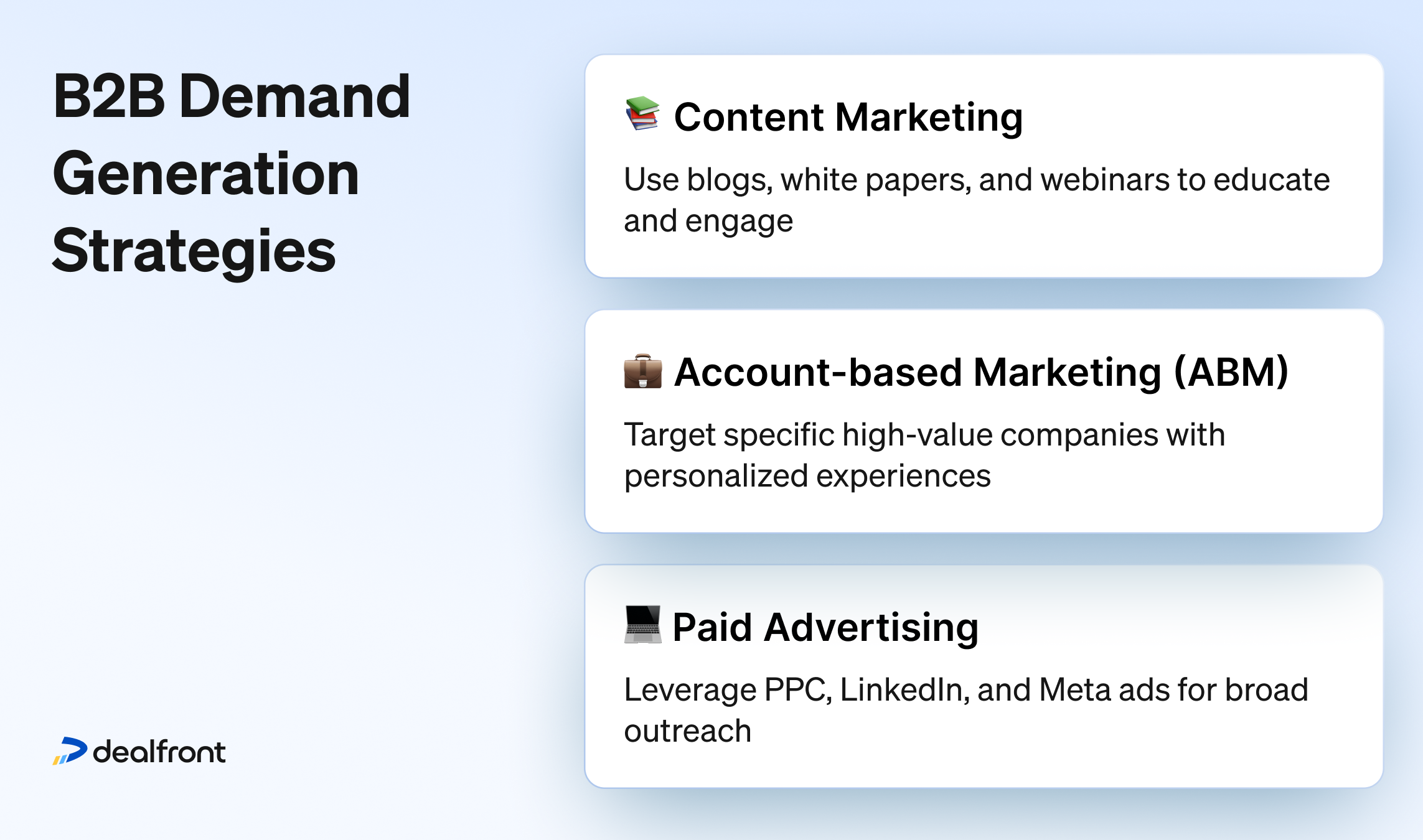Generating demand is a relatively straightforward concept. However, that doesn’t mean there’s one ingredient for success. In other words, there isn’t a single “best” approach. B2B demand generation strategies work best when multiple approaches are combined in a cohesive recipe.